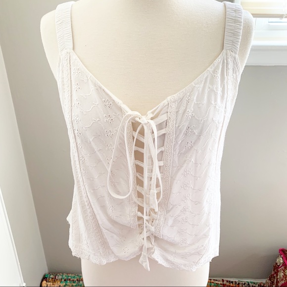 Coline Tops - White Boho Lace Up Tank